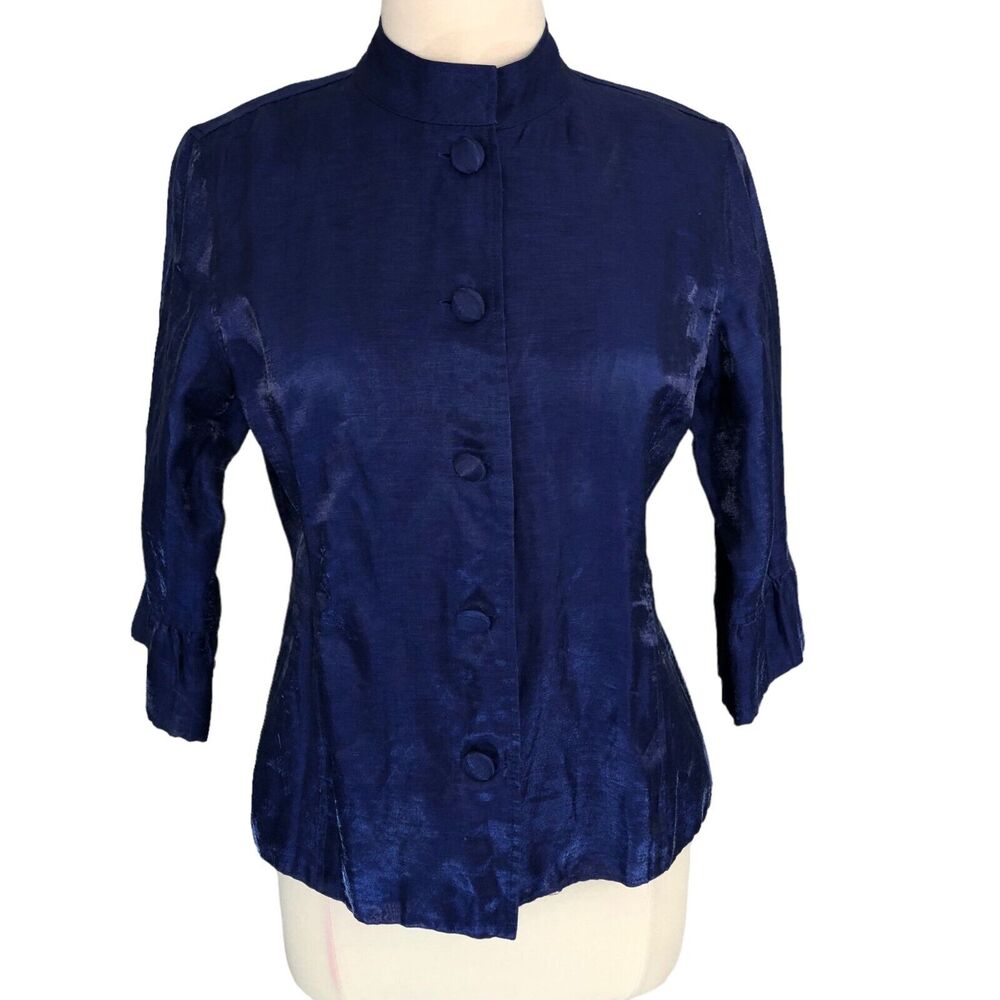 Button Front Blouse Mock Neck Sheen Sapphire Blue Reg Size Medium Chico's Size 1